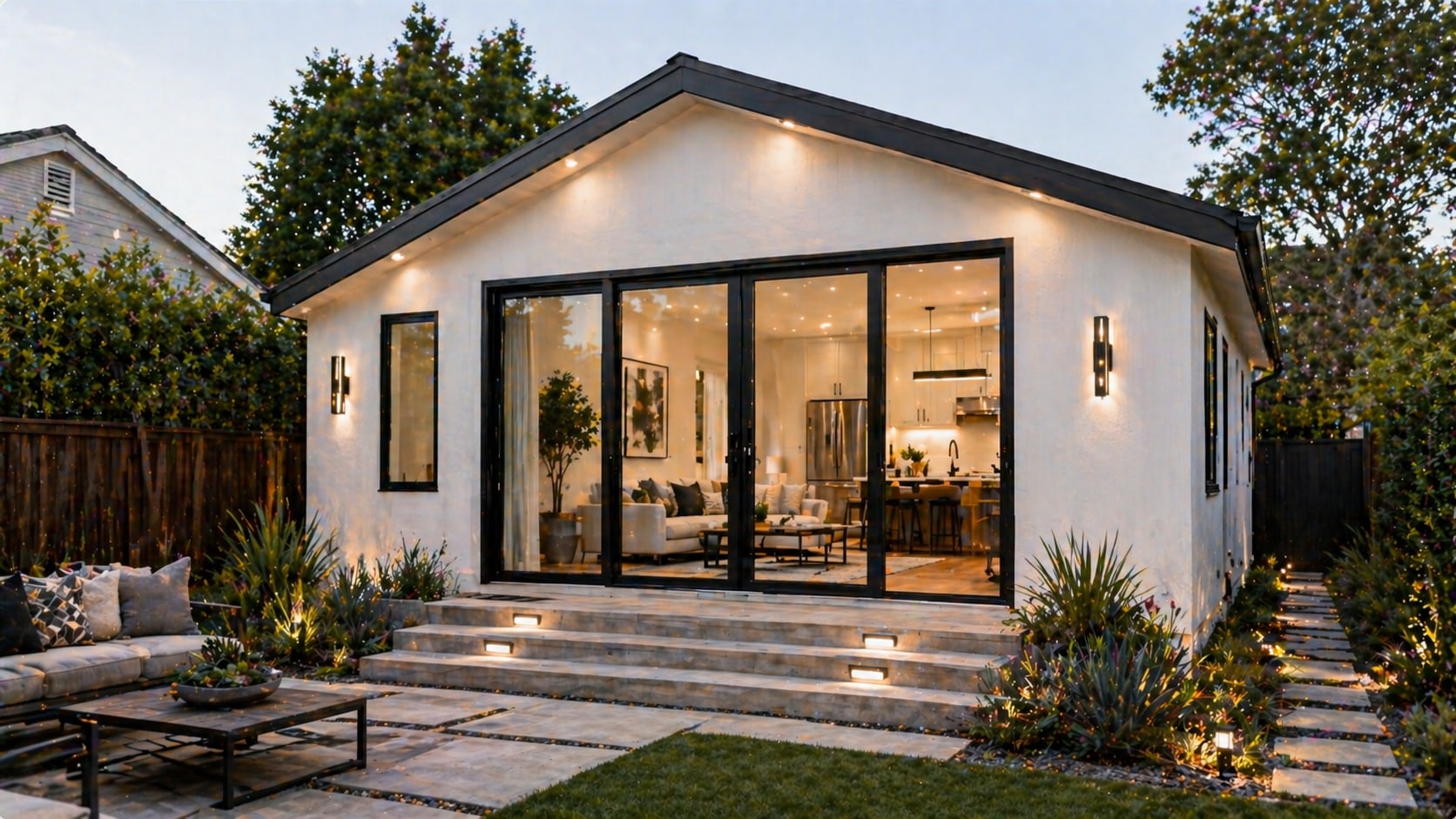 Traditional gable-roof ADU with glass doors and landscaped yard by Hillstar Construction