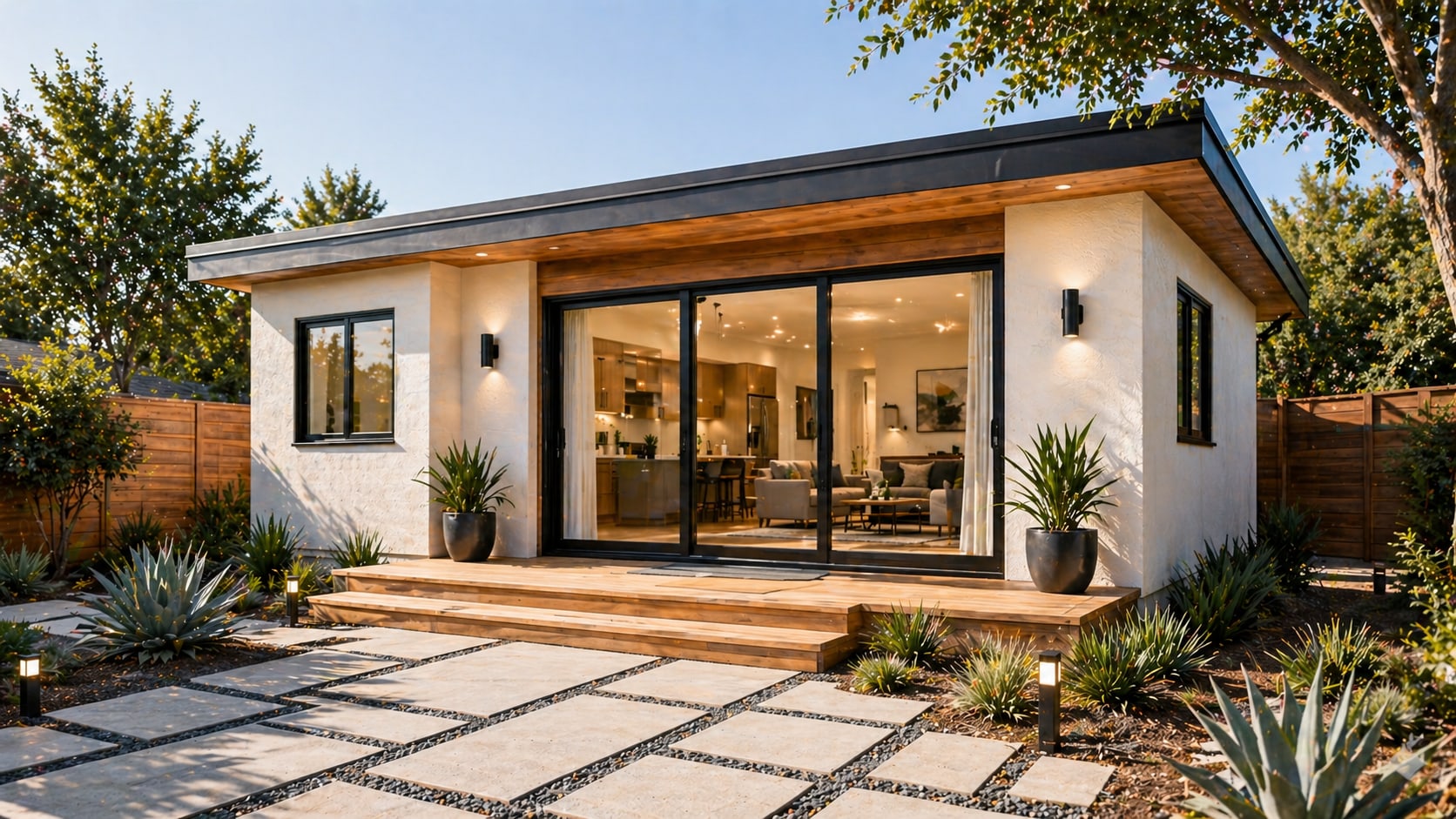 ADU rear elevation with wide glass doors and paver patio by Hillstar Construction