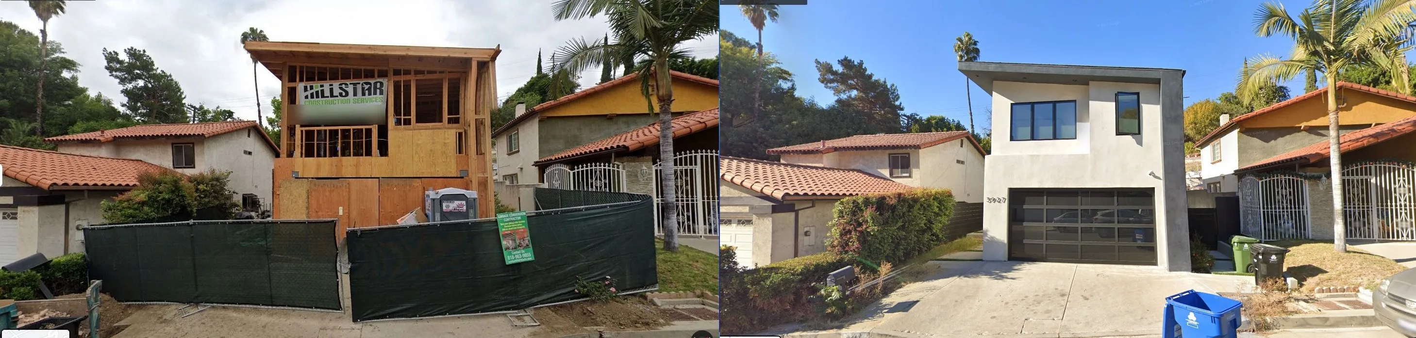 Two-story Los Angeles home before and after full remodel by Hillstar Construction — framing stage on left, finished modern stucco exterior on right