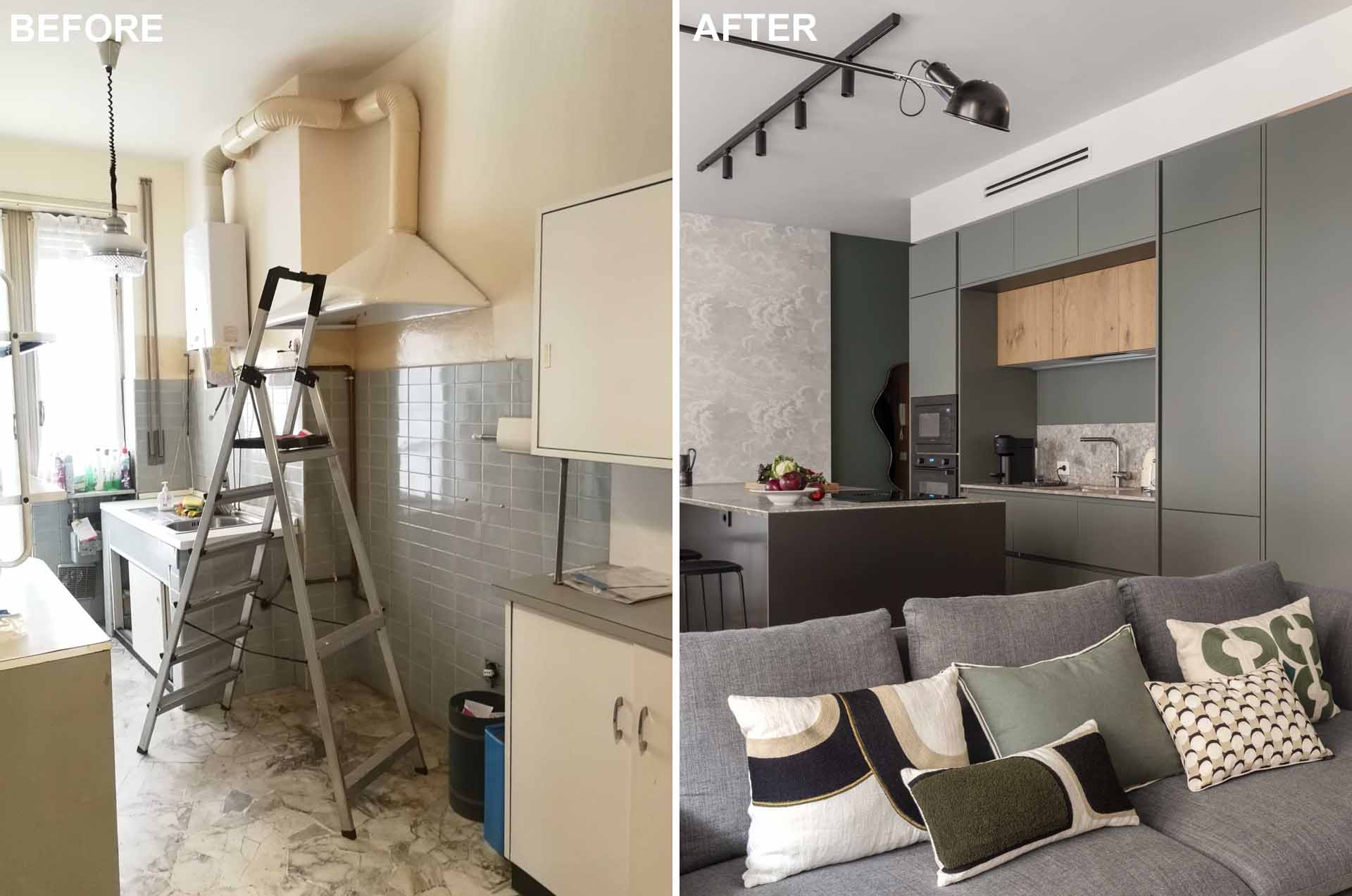 Interior renovation before and after — dated interior transformed into modern living space by Hillstar Construction in Los Angeles
