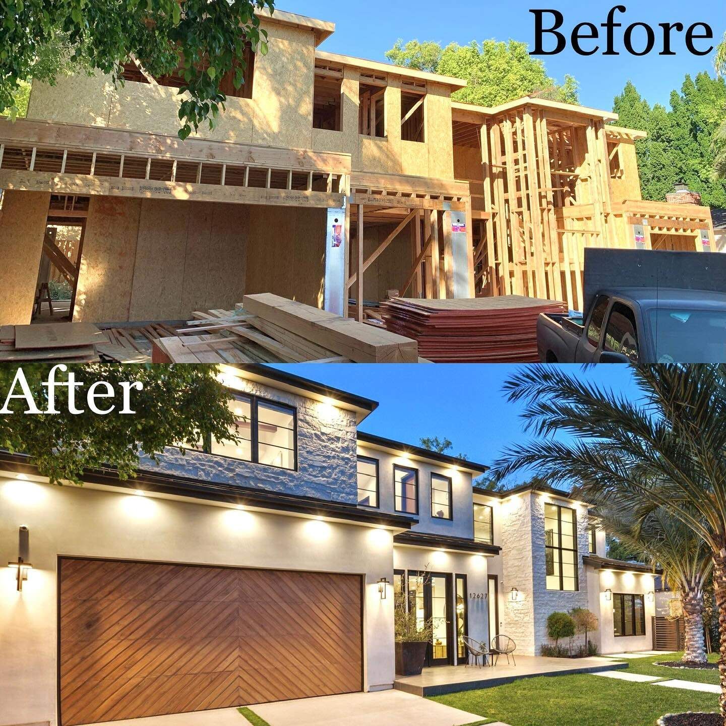Before and after framing to finished modern home remodel