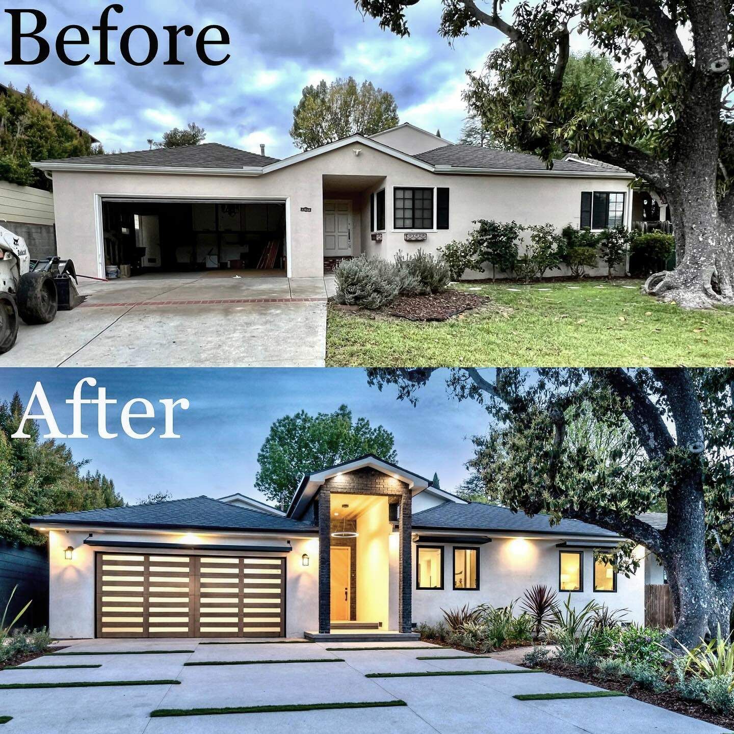 Before and after modern farmhouse exterior remodel at dusk