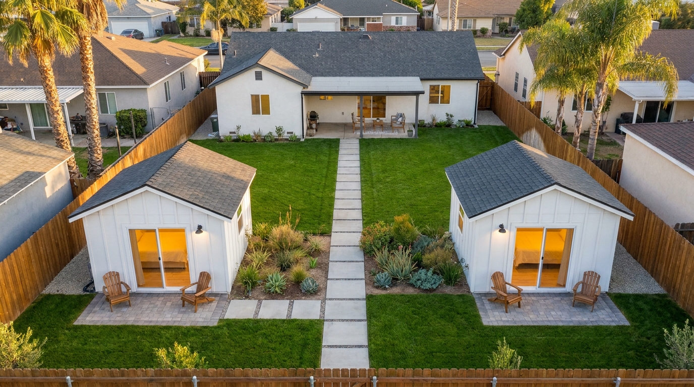 Concept illustration of one single-family lot: the main house at the back, a lawn and walkway, and two separate detached ADUs in front.
