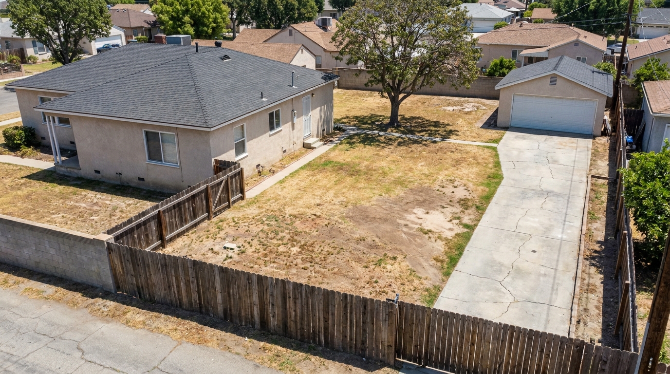 Concept illustration: a typical Los Angeles single-family lot with a one-story house, a driveway and a detached garage.