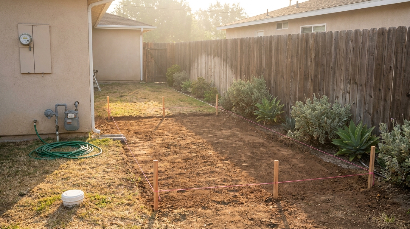 Concept illustration: a small building footprint staked out with string lines a few feet from a backyard fence.