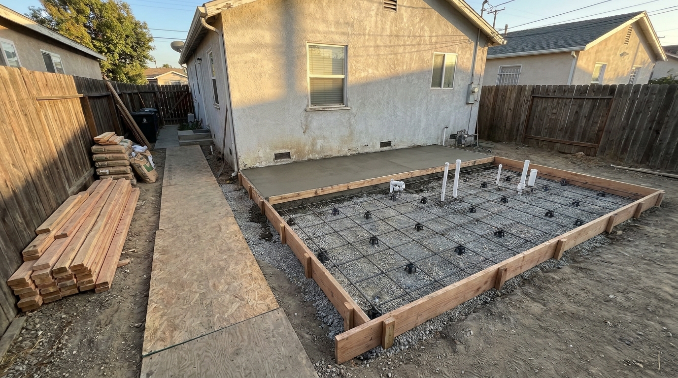 Concept illustration: a formed slab foundation with rebar behind a house, materials staged along a narrow side yard.