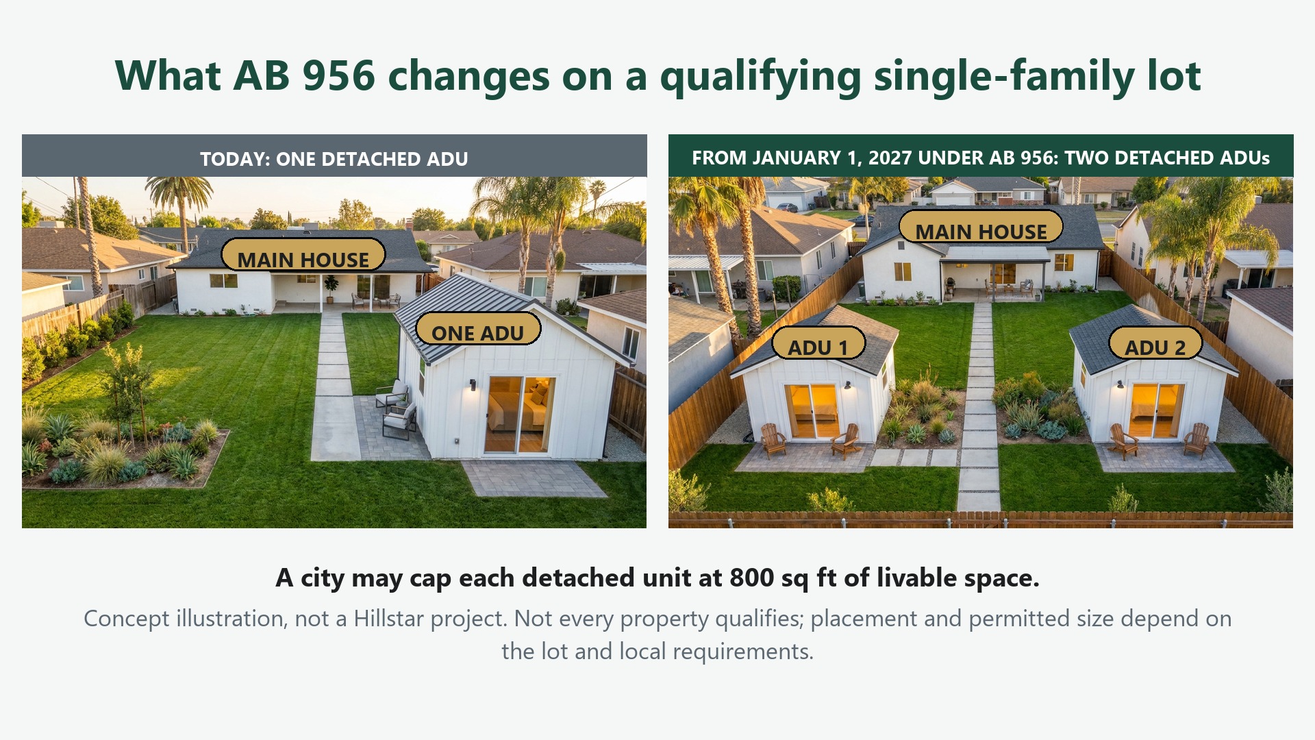 Concept illustration, before and after: today one detached ADU behind a main house; from January 1, 2027 under AB 956, two detached ADUs on a qualifying lot, labeled main house, ADU 1 and ADU 2.