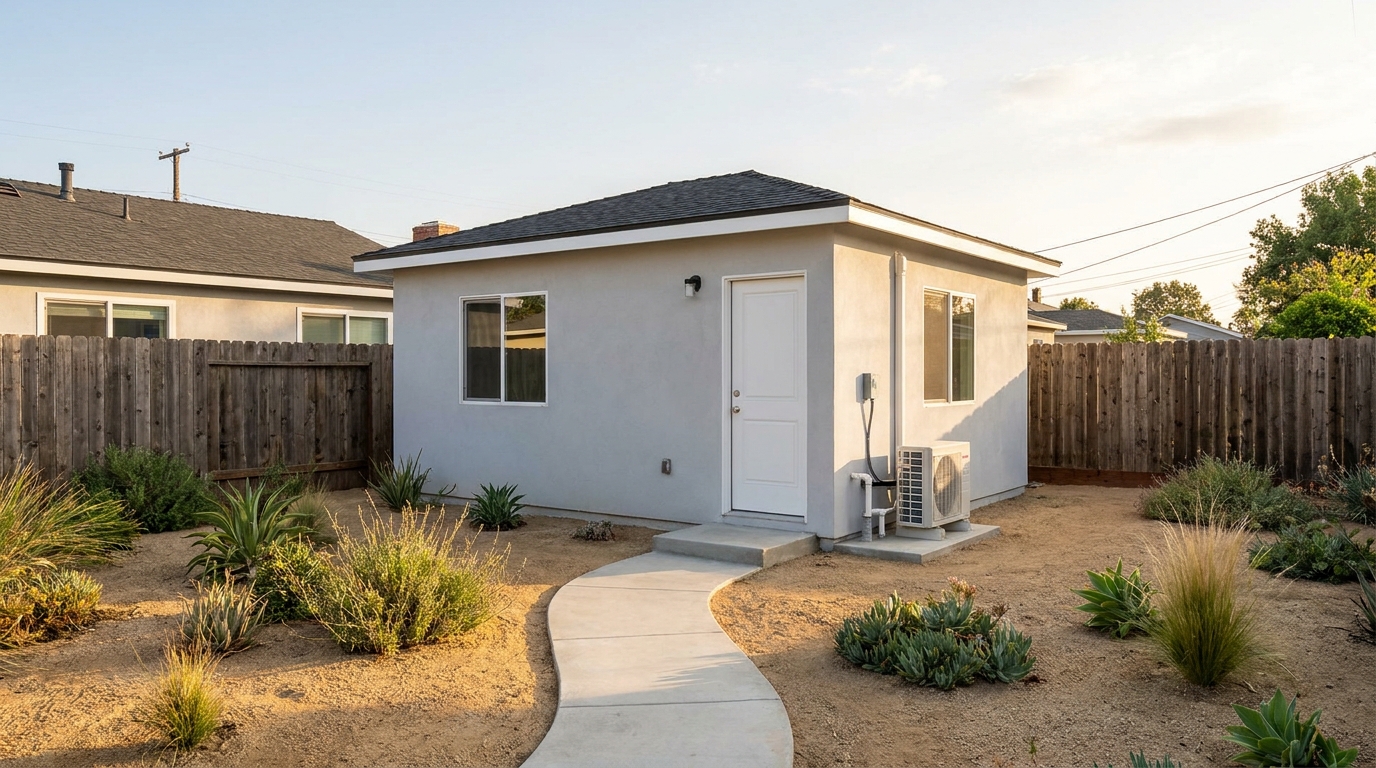 Concept illustration: a small detached ADU behind a Los Angeles single-family home, with its own entry door.