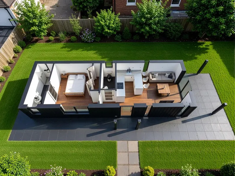 Aerial view of a Los Angeles residential lot showing an ADU positioned alongside the primary home