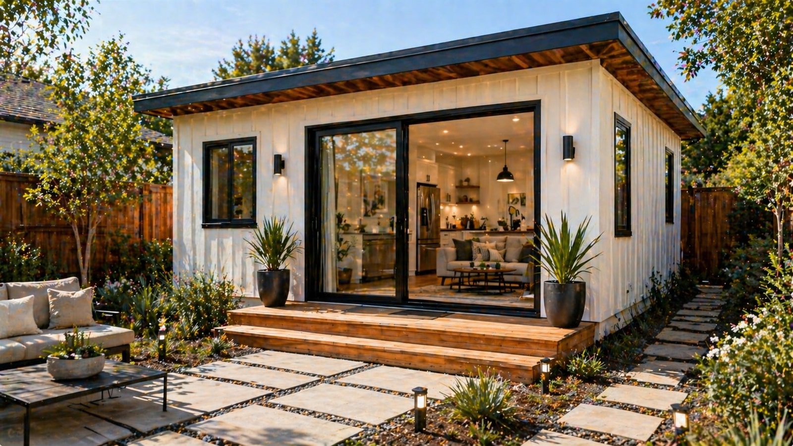 Modern board-and-batten backyard studio with flat roof