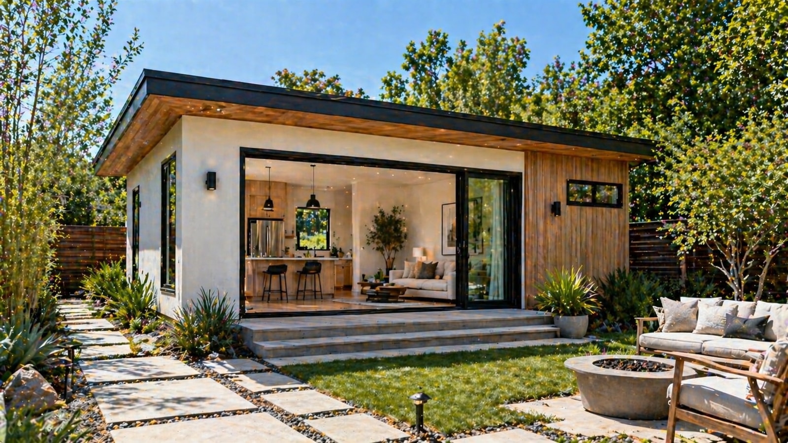 Modern backyard studio with firepit and patio in Los Angeles