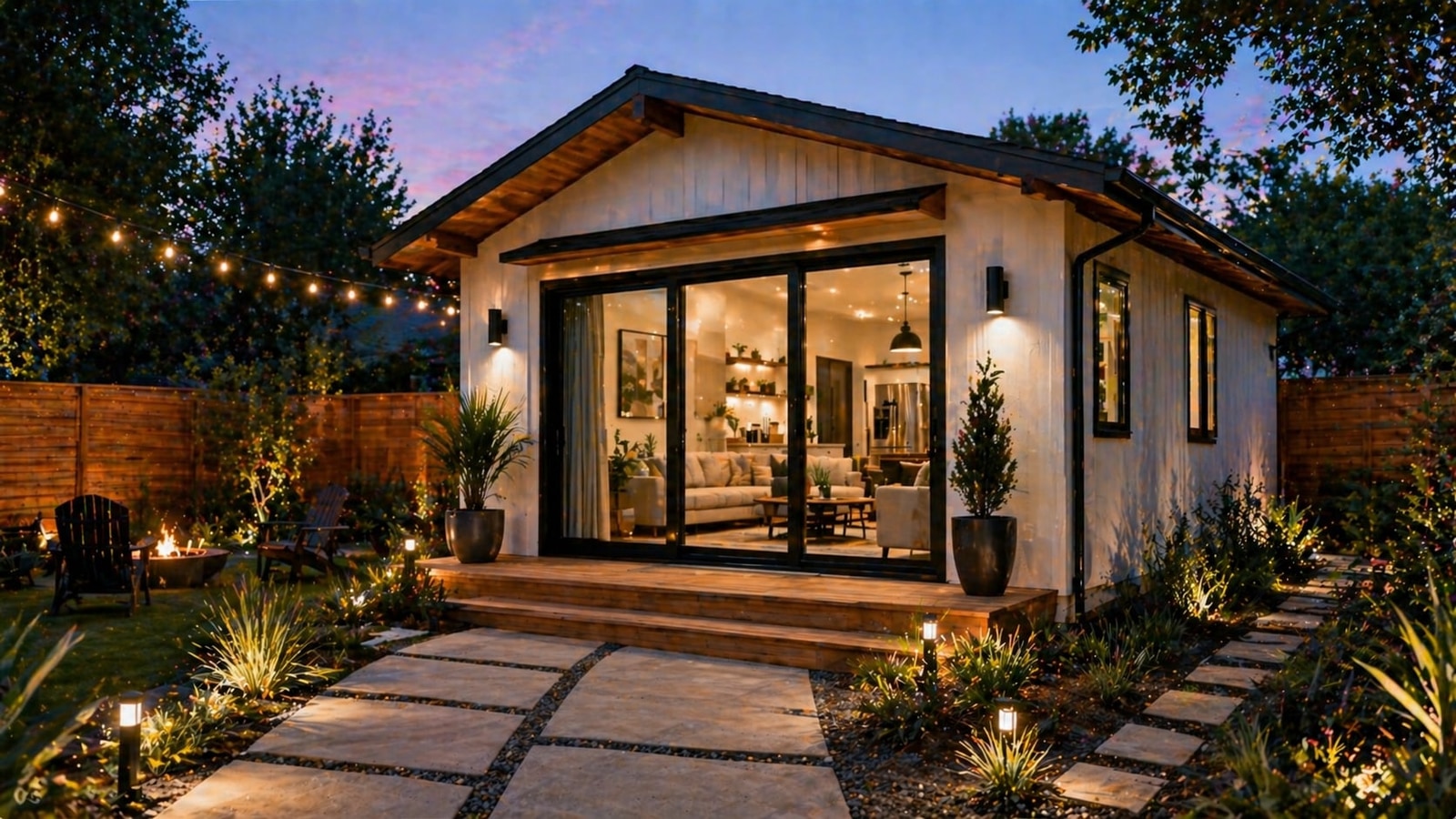 Gable-roof backyard studio at dusk with string lights