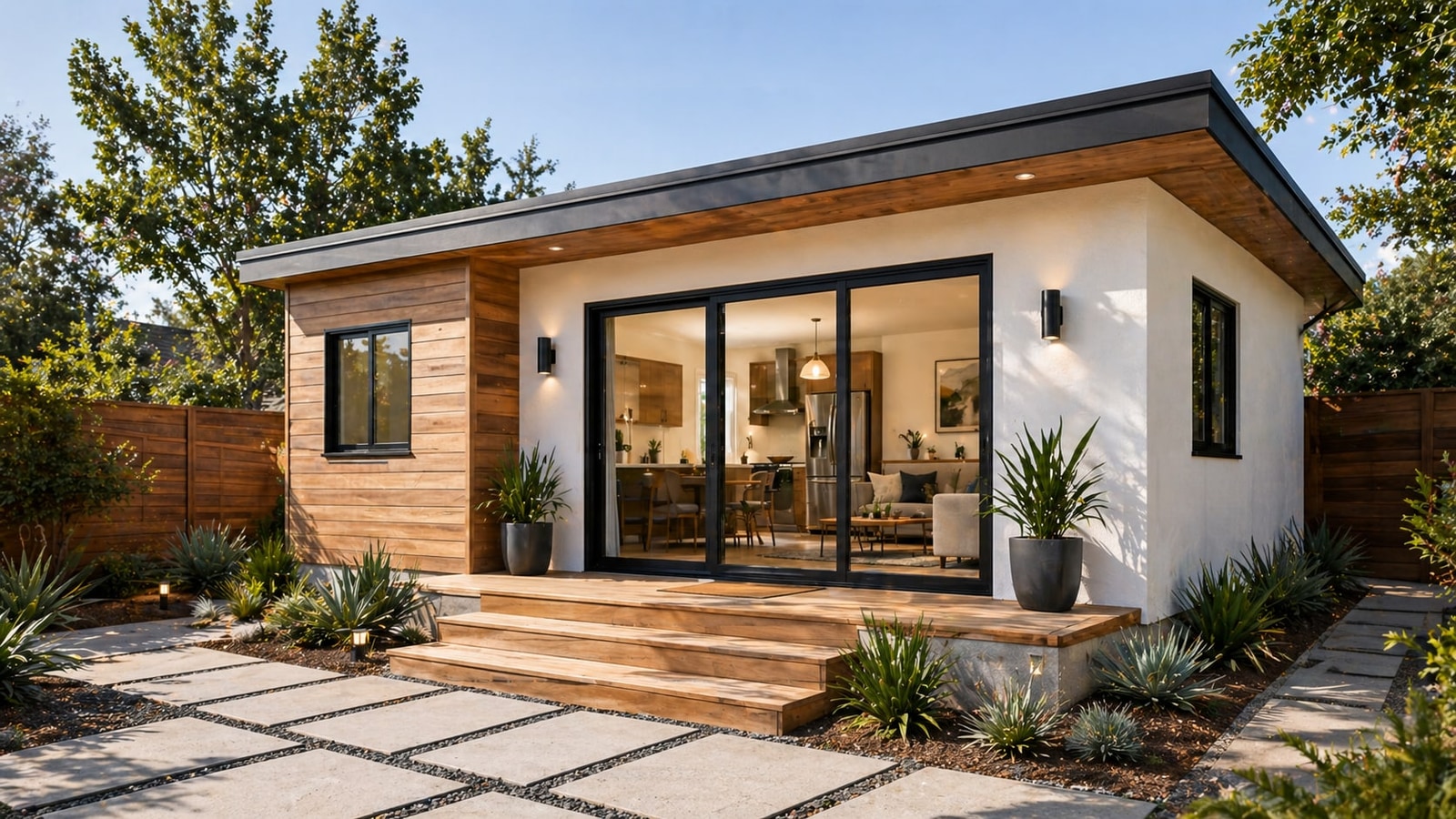 Modern backyard studio with paver walkway in a Los Angeles yard