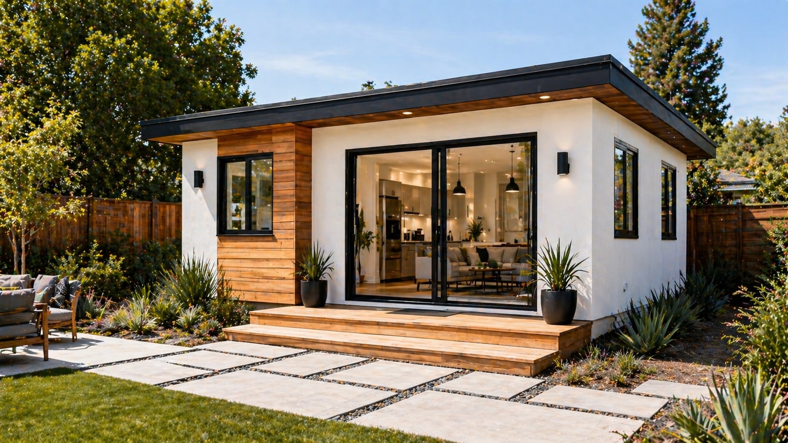 Modern flat-roof backyard studio with large glass doors in a Los Angeles yard
