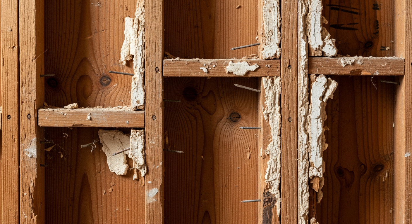Close-up of original 1940s-era wood wall framing exposed during a bathroom remodel demolition in an older Los Angeles home.