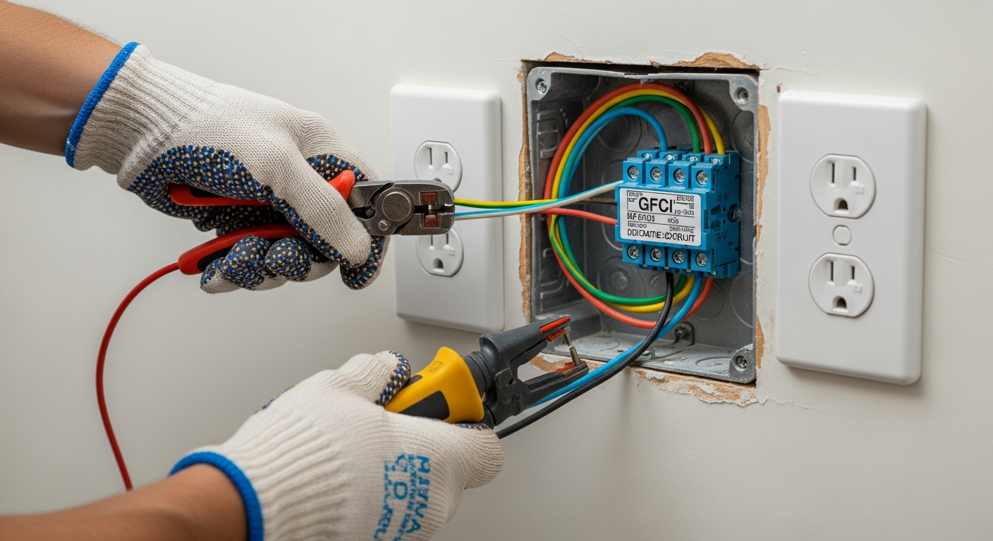Electrician updating a bathroom junction box to current GFCI and dedicated-circuit code during a remodel in an older Los Angeles home.
