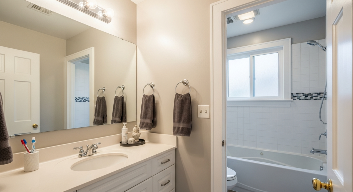 Finished, updated bathroom after a remodel of an older Los Angeles home, showing the completed result of the plumbing, electrical, and framing work addressed during demo.