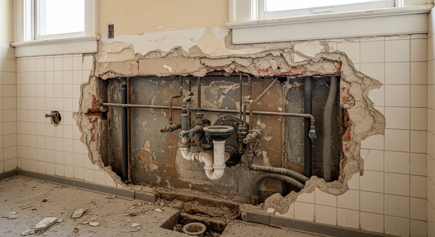 Exposed original galvanized supply pipe and cast-iron drain line behind removed tile during a bathroom demolition in an older Los Angeles home.