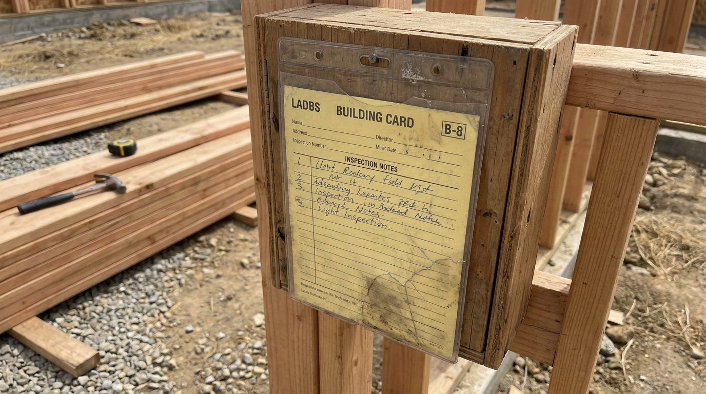 LADBS Building Card clipped to permit box on Canoga Park ADU construction site with inspection notes visible.