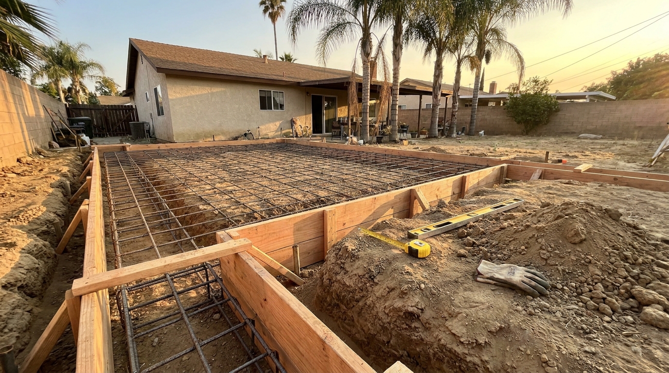Concrete foundation forms and rebar layout for ADU in Canoga Park backyard awaiting groundwork inspection.