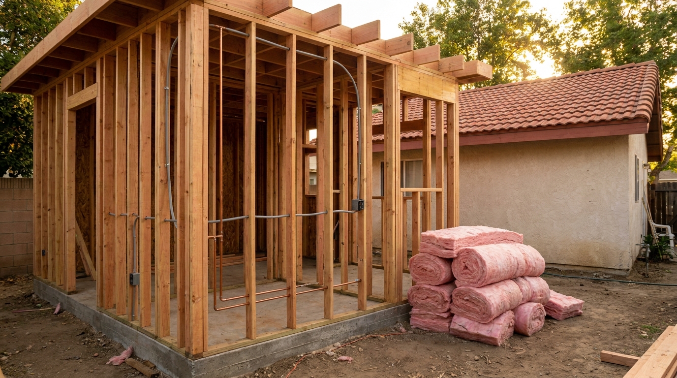 Framed ADU structure in Canoga Park with plumbing and electrical rough-in visible before drywall installation.