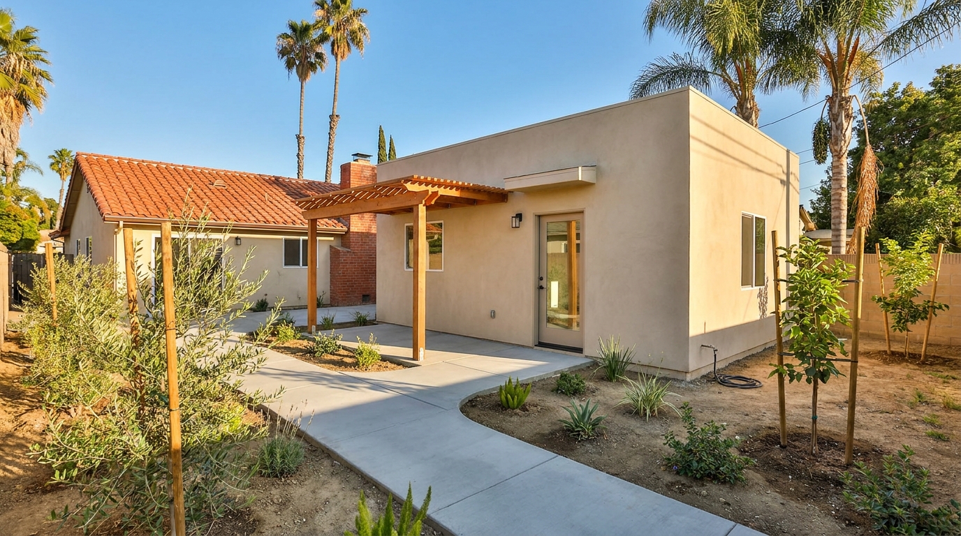 Completed detached ADU in Canoga Park backyard with stucco finish, new concrete walkway, and landscaping.