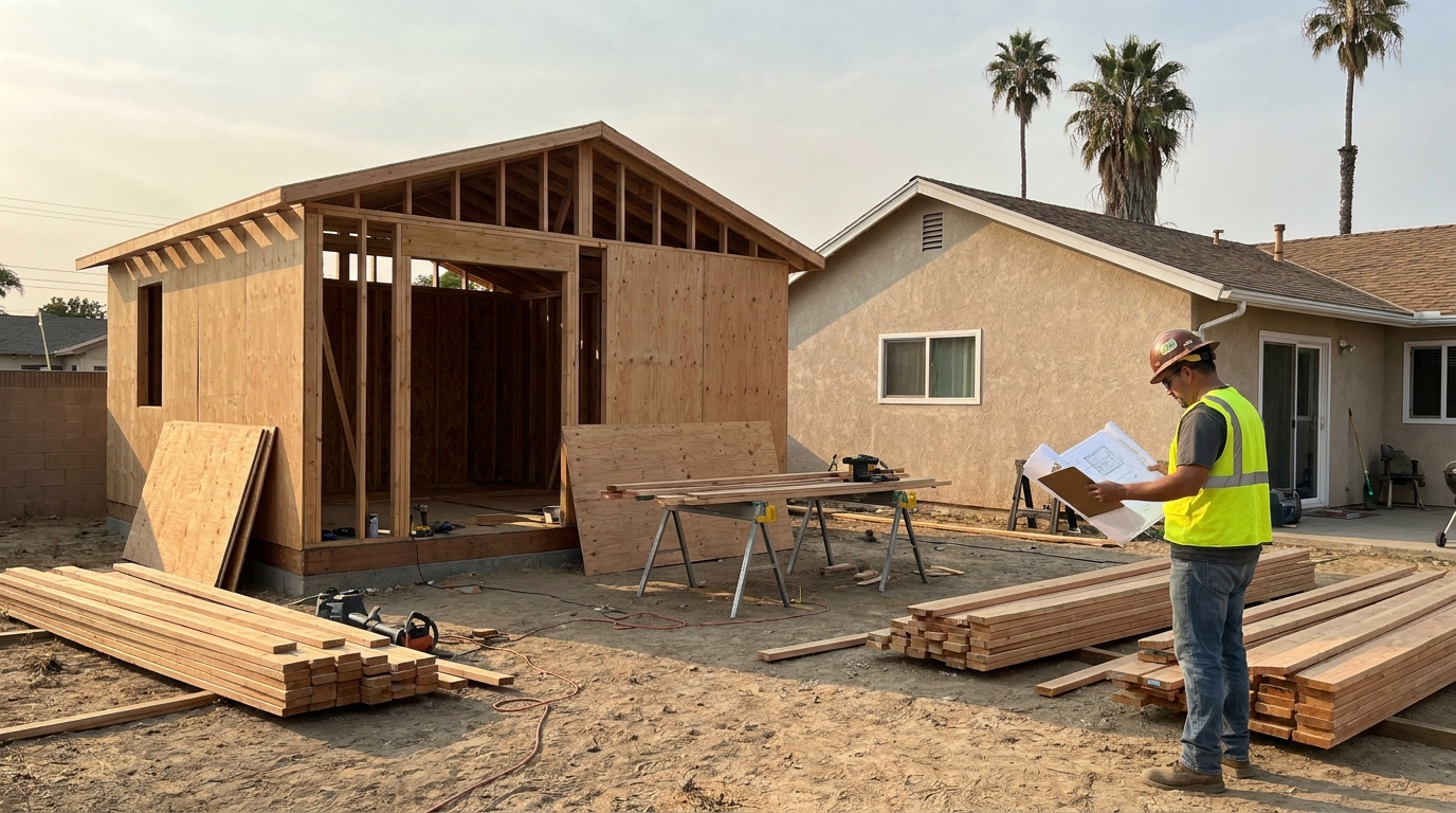 Detached ADU under construction in a Canoga Park backyard with framing complete and inspector reviewing plans on-site.