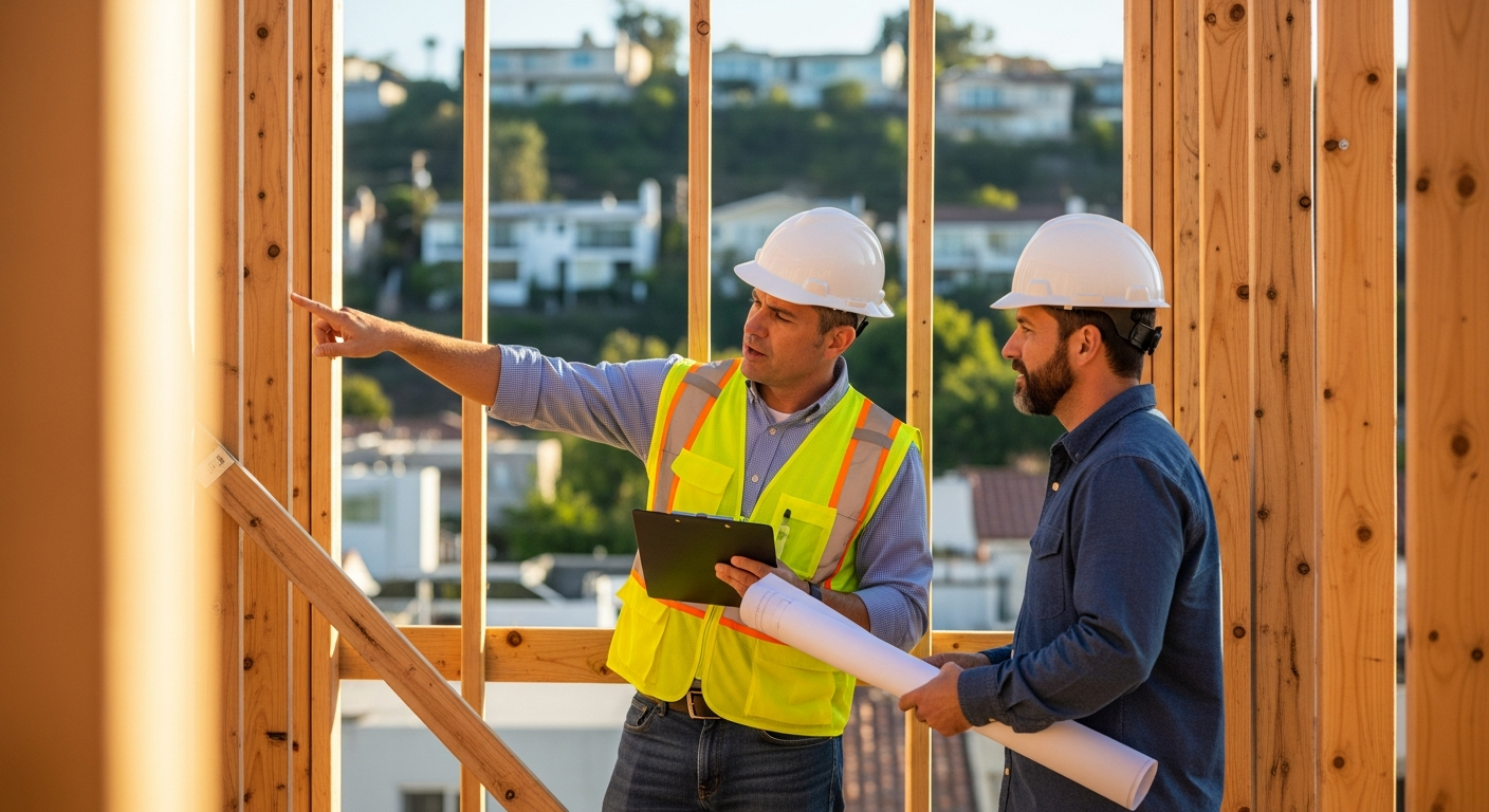 LADBS inspector reviewing framing details with contractor on an ADU construction site in Encino.