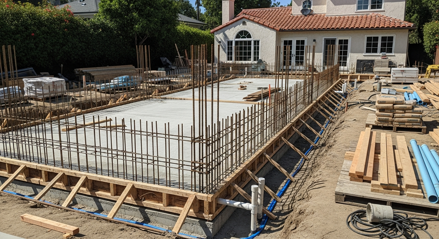 ADU foundation and utility trench prepared for inspection in a Sherman Oaks backyard with main house visible.