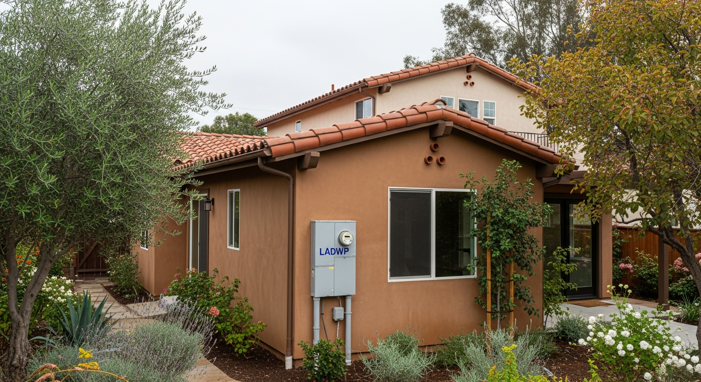 Completed ADU exterior with stucco finish and new LADWP meter installation in a Woodland Hills neighborhood.