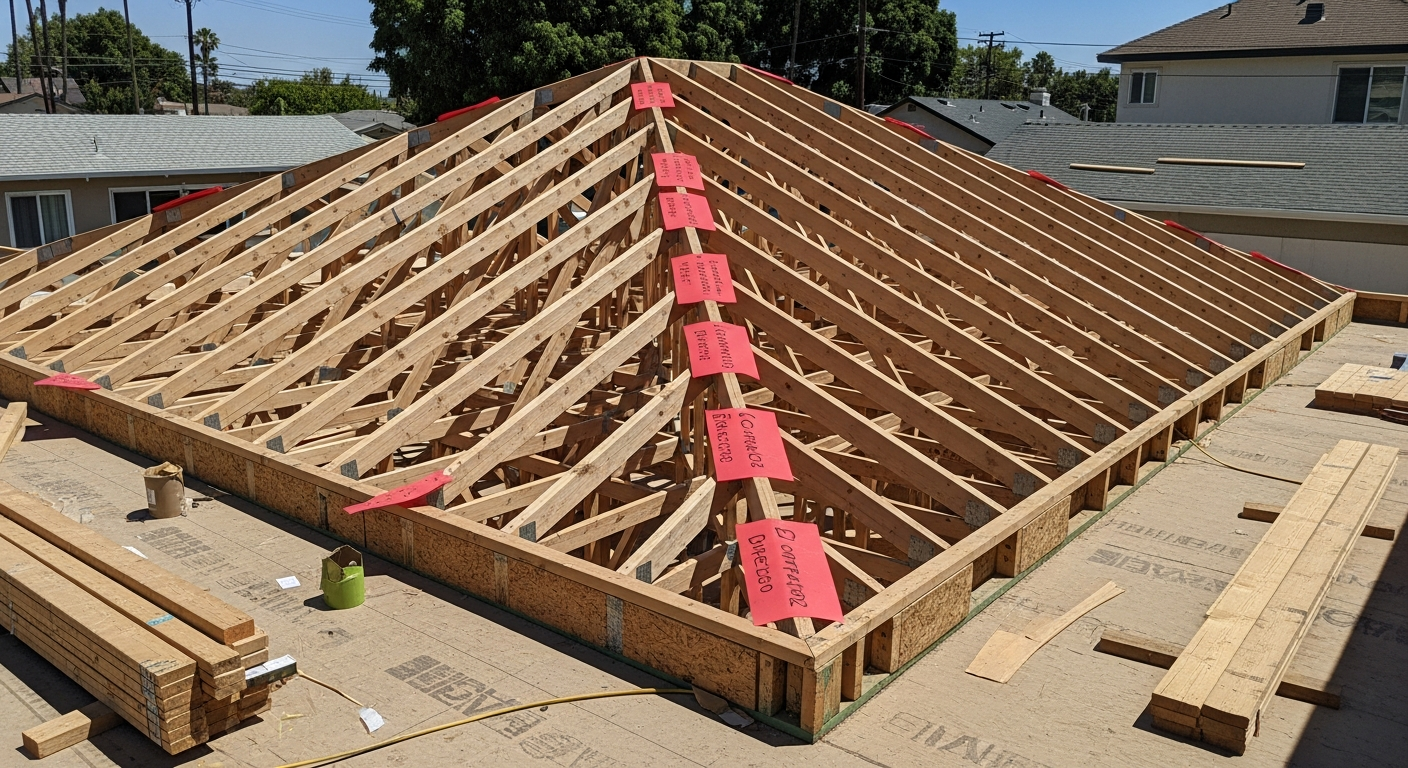 ADU roof framing with fire-rated assembly details visible during rough inspection in Los Angeles.