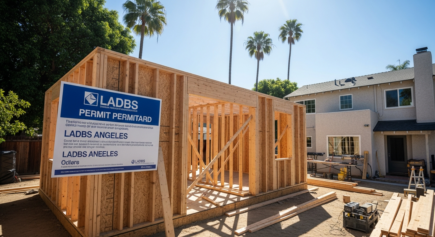 Detached ADU under construction in a Los Angeles backyard with framing visible and LADBS permit placard posted on the structure.
