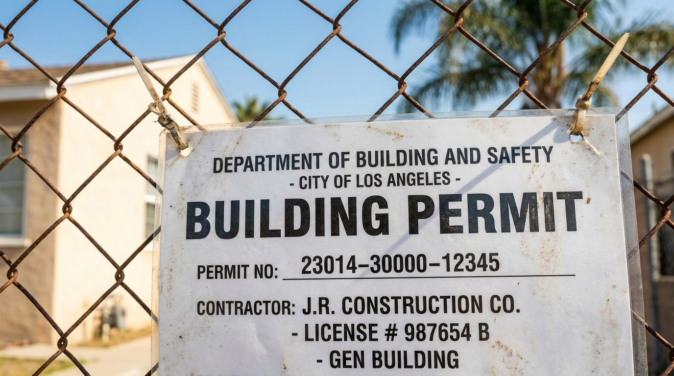 LADBS building permit placard posted on construction fence at Tarzana ADU site with permit number and contractor license information visible.