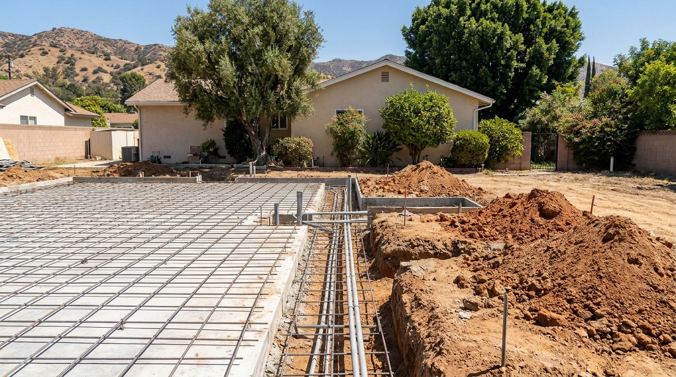 Concrete foundation and utility trenches for new ADU in Tarzana backyard with rebar and conduit installed, awaiting LADBS Groundwork inspection.