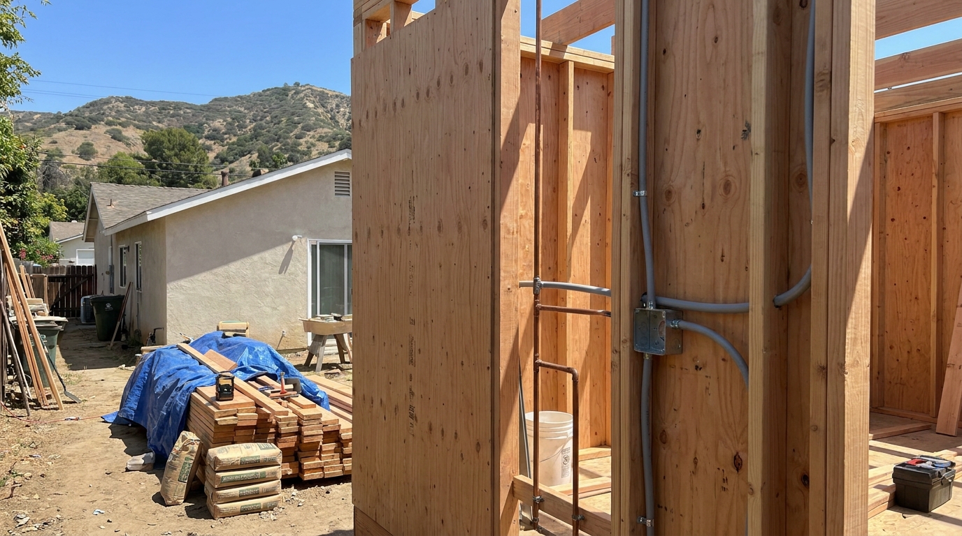 Framed ADU structure in Tarzana with shear walls and rough plumbing visible, awaiting LADBS Rough inspection, main house and hillside in background.