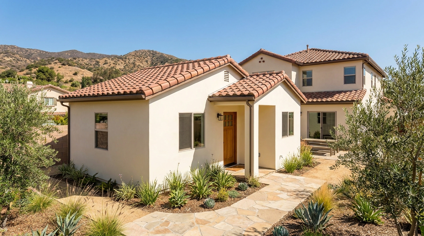 Completed ADU exterior in Tarzana with stucco finish, Spanish tile roof, and landscaped yard, main house visible, hillside context.