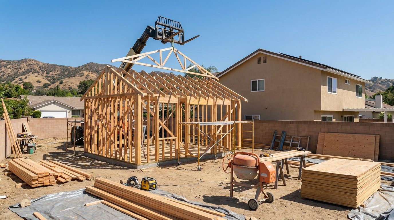 Detached ADU under construction in a Tarzana backyard with framing complete and roof trusses being installed, main house visible in background, San Fernando Valley hillside context.