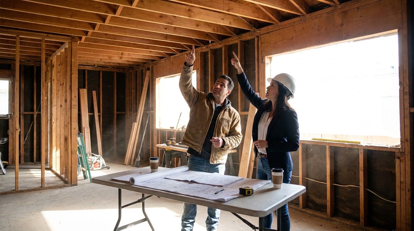 Contractor and architect collaborating at a Canoga Park remodel site, examining existing framing and discussing beam placement during the design phase.