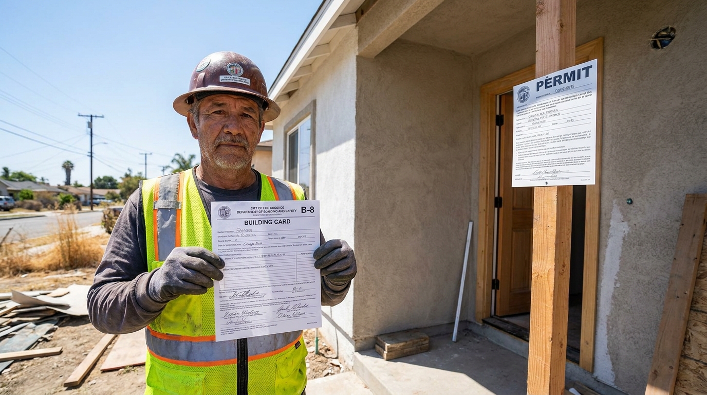 LADBS Building Card signed by inspector at a Canoga Park remodel site, contractor holding the card near the open front door with permit placard visible.