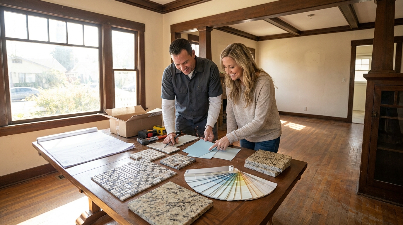Canoga Park remodel interior with contractor and homeowner reviewing finish samples—tile, countertop, paint—during the design-build selection phase.