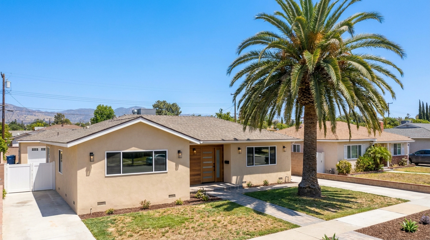 Completed Canoga Park remodel exterior showing updated stucco, new windows, and refreshed landscaping under bright San Fernando Valley sun.