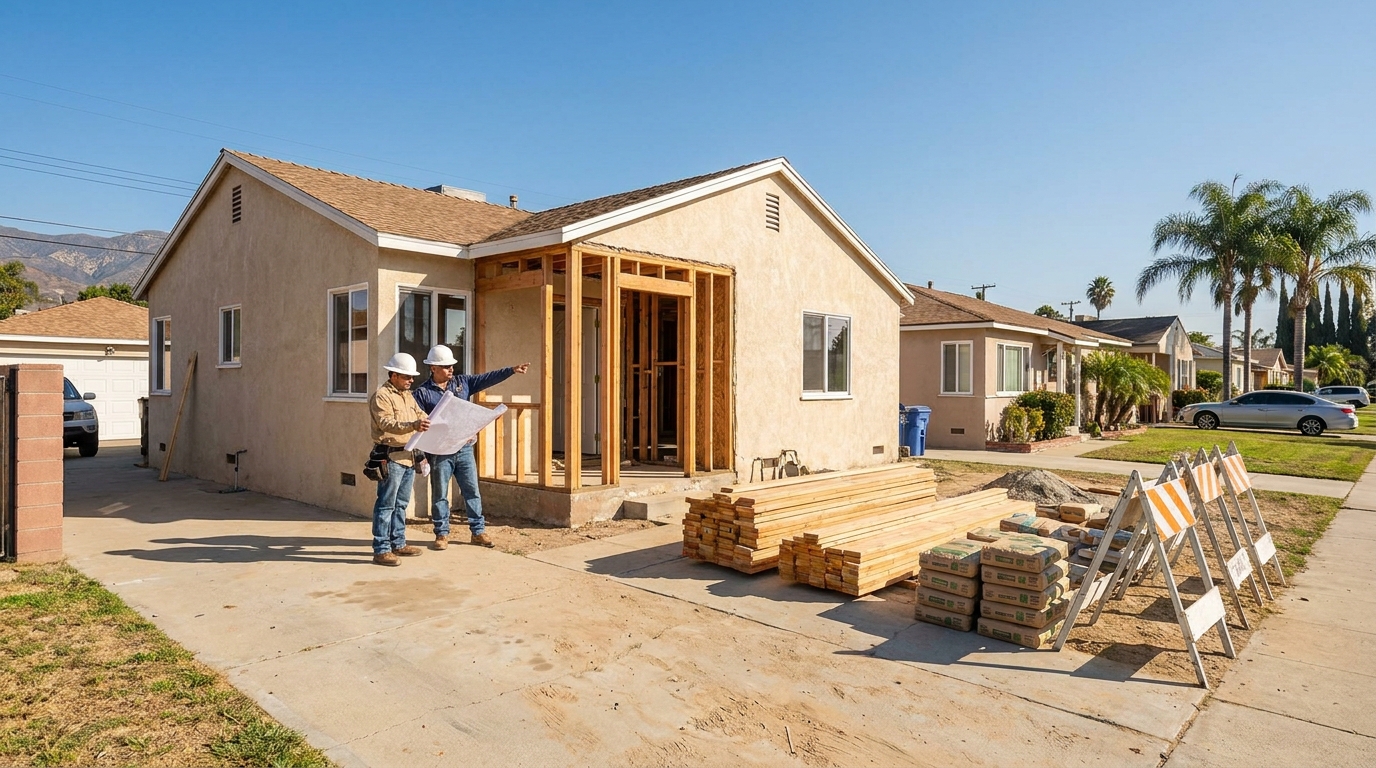 Canoga Park single-family home undergoing a complete remodel with contractor and architect reviewing plans on-site under clear San Fernando Valley sky.