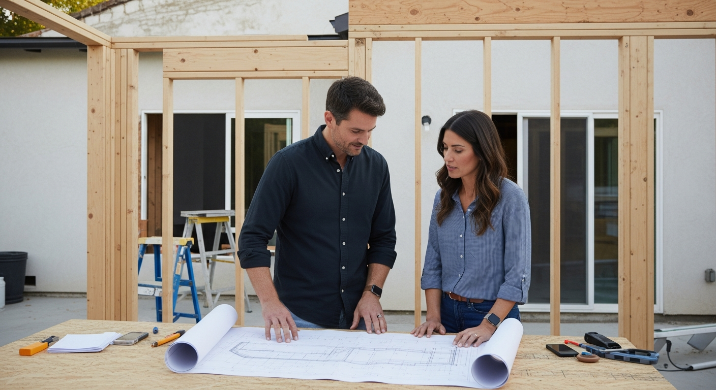Design-build team meeting on Encino remodel site with architect and contractor reviewing structural drawings together.