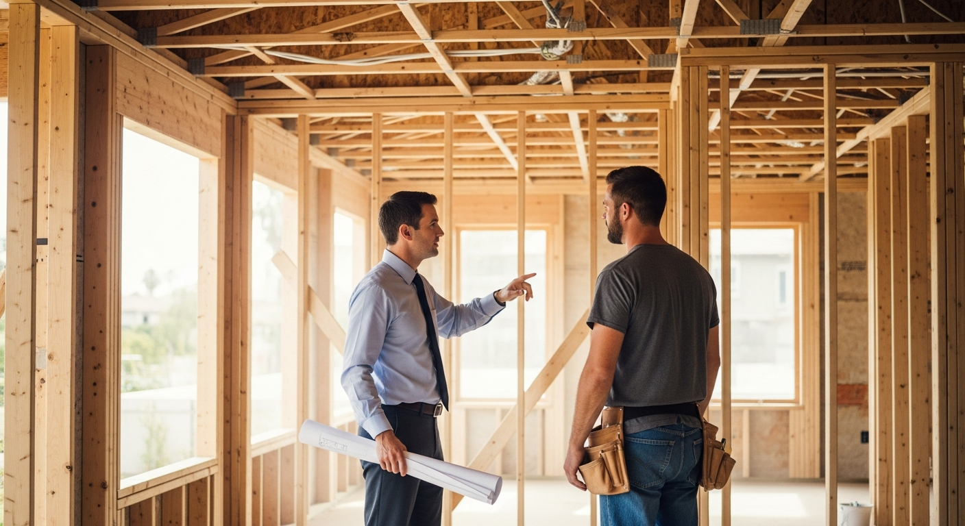 Architect conducting site visit on Encino home remodel with contractor discussing framing details and plan compliance.