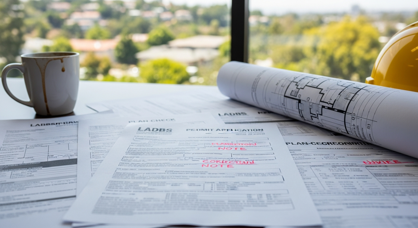 LADBS permit documents and plan-check correction sheets on contractor's desk for Encino hillside remodel project.