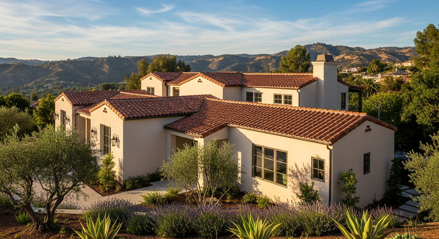Encino hillside property complete remodel showing finished exterior with new roofing and coordinated design-build results.