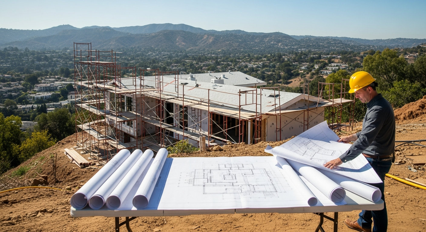 Encino hillside home undergoing complete remodel with architectural plans and contractor coordinating on site under California sun.