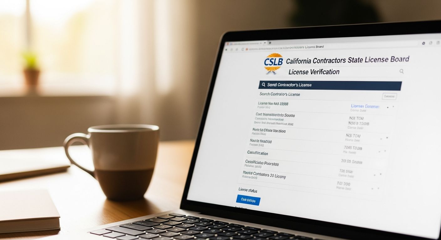 CSLB contractor license verification page displayed on laptop screen in home office setting.