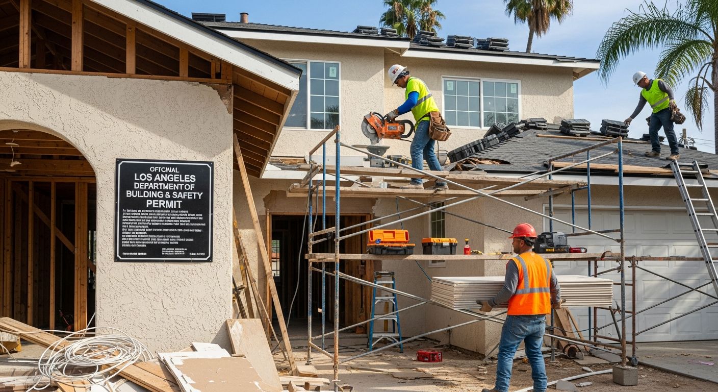 Construction crew working on permitted home remodel in Los Angeles with visible permit placard posted on exterior wall.