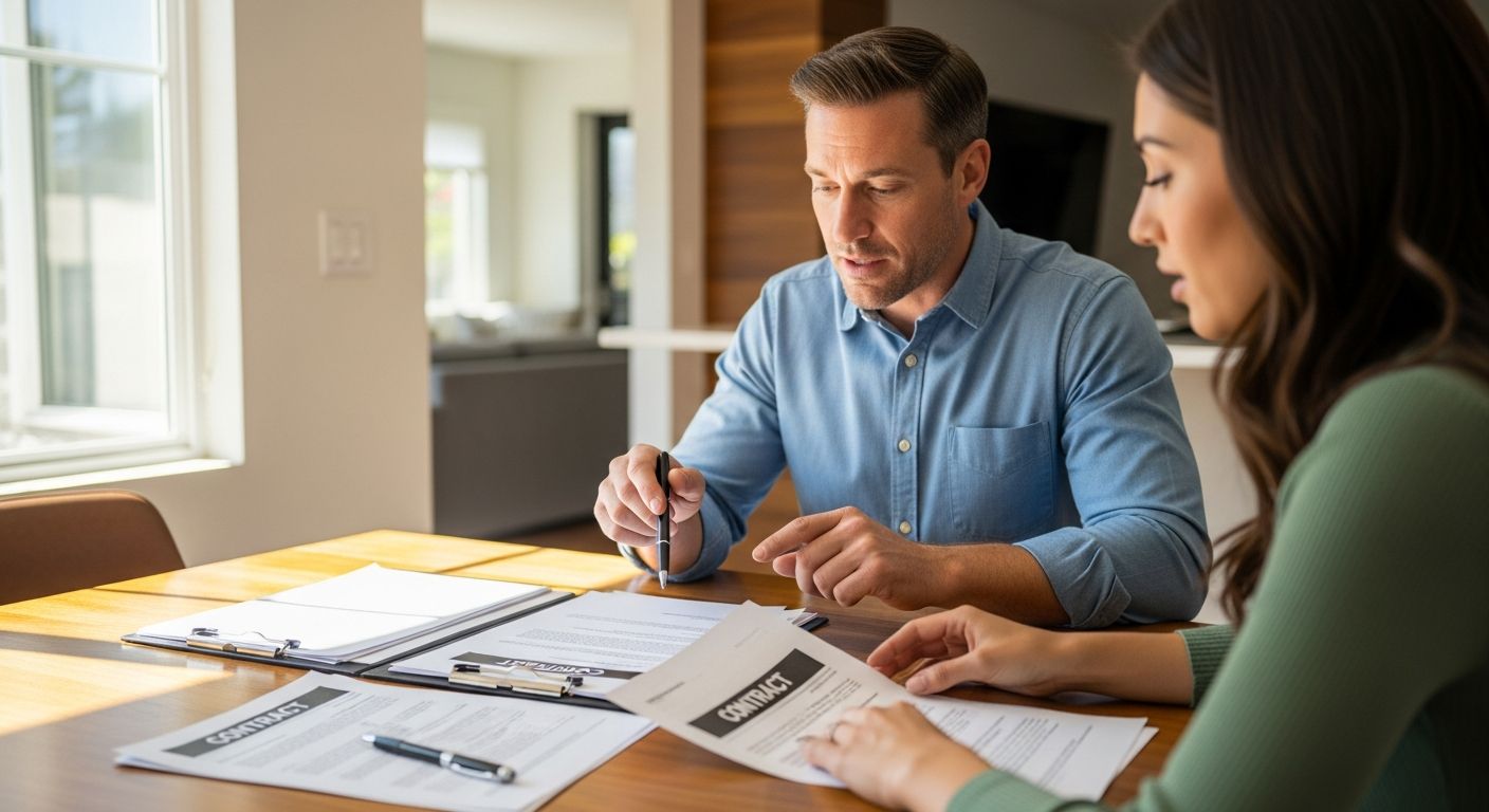 Contractor reviewing detailed home remodel contract with homeowner at dining table in Los Angeles residence.